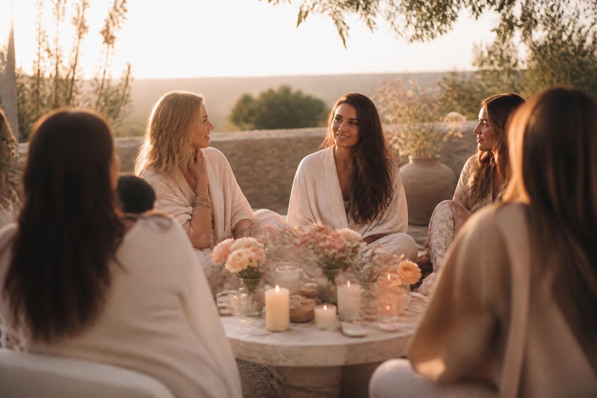 Women gathered in a circle around candles and flowers at golden hour